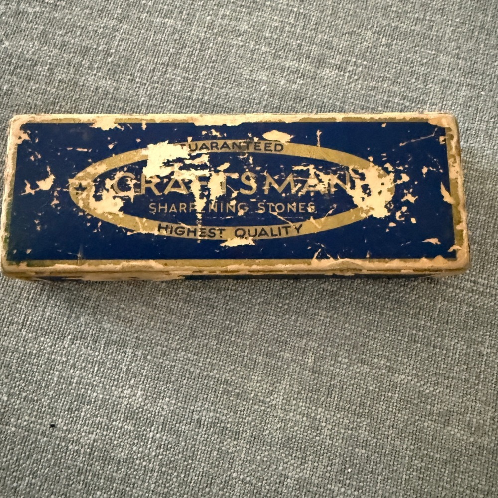 Vintage Craftsman Sharpening Stone in Original Box Blue Gold Oval Logo USA Made
